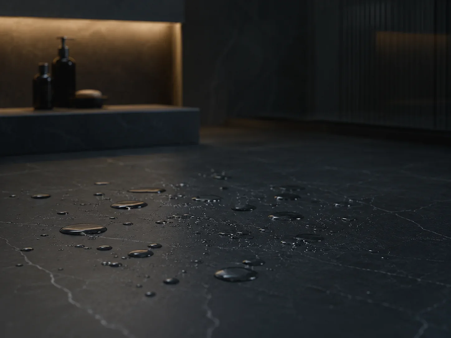 Water droplets on a dark stone surface