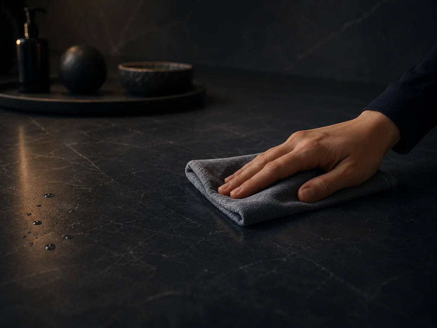 A dark stone surface being wiped clean